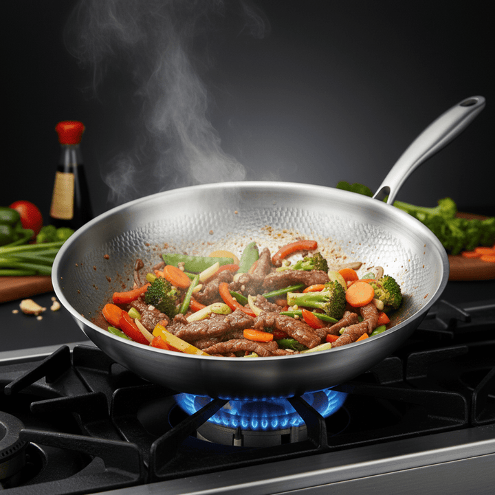 Wok auf dem Gasherd mit blauer Flamme, gefüllt mit angebratenem Rindfleisch, Brokkoli, Karotten und Paprika, Dampf steigt auf. 5