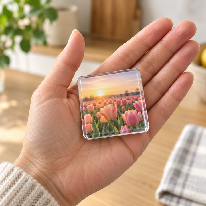 Hand hält einen quadratischen Acrylmagnet mit Tulpenfeld-Foto, der Größe in der Handfläche zeigt 6