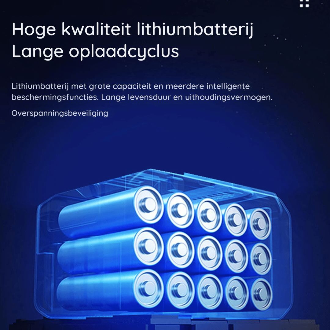Grafik mit mehreren blau leuchtenden Lithium-Akkuzellen in einem durchsichtigen Gehäuse, die den wiederaufladbaren Akku der Lampe erklärt. 6