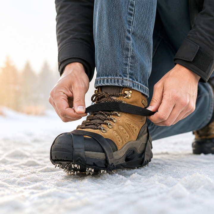 Person in Jeans kniet im Schnee und zieht den Klettriemen des Eisgriffs am Wanderstiefel fest 3