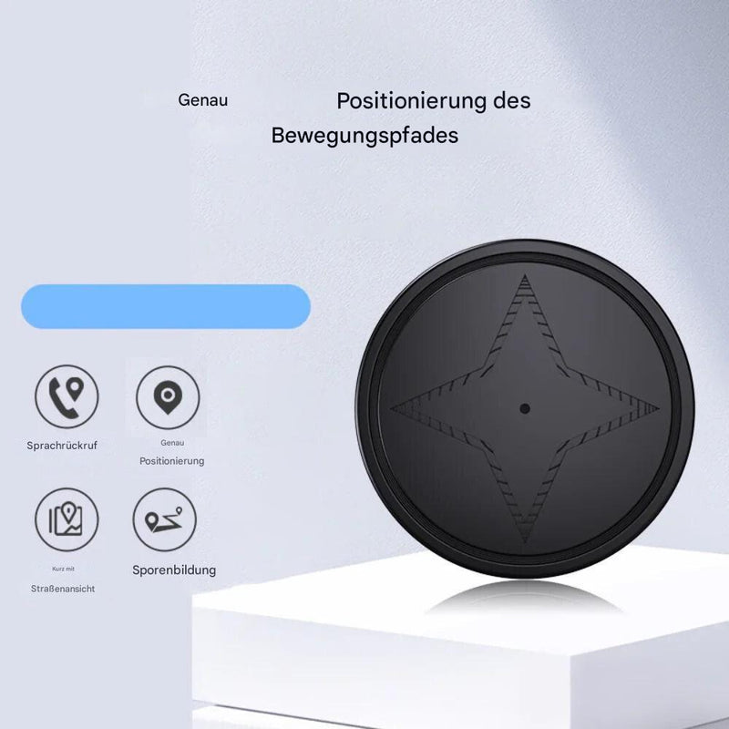 Schwarzer GPS-Tracker für Haustiere, rund, mit Sprachsteuerung und Bewegungsverfolgung.