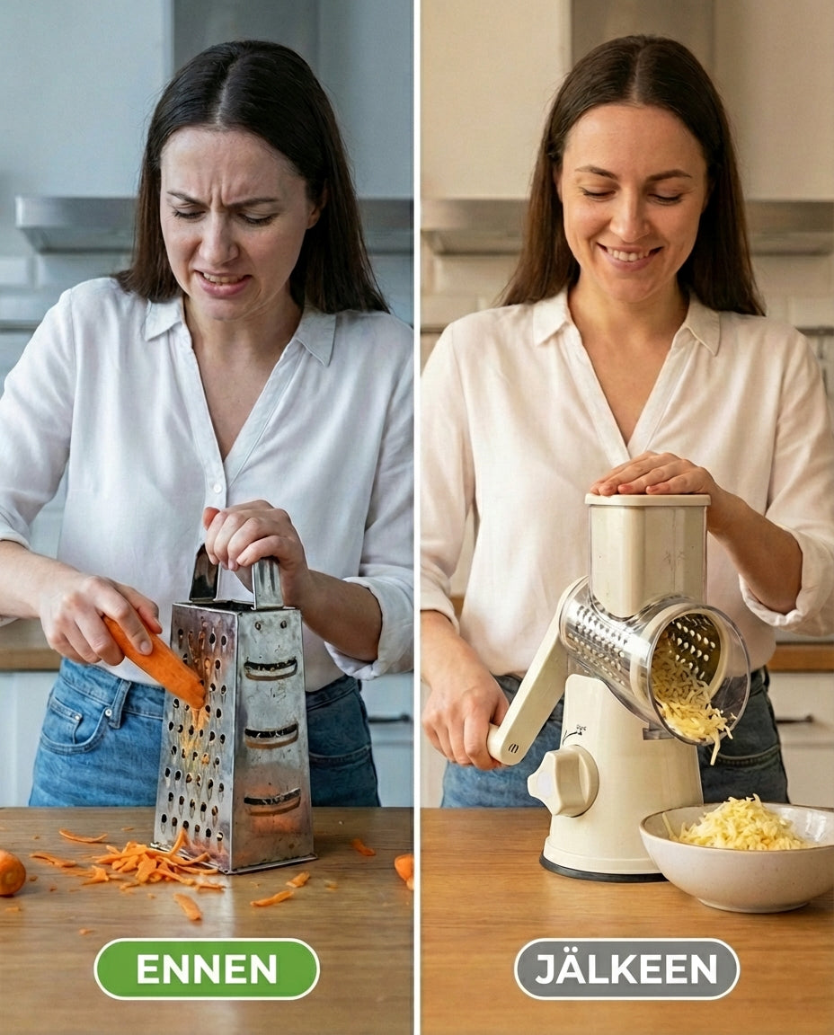 Vorher-nachher-Vergleich: links reibt eine Frau mühsam Karotten an einer Vierkantreibe, rechts mühelos Käse mit dem Rotationsschneider. 3
