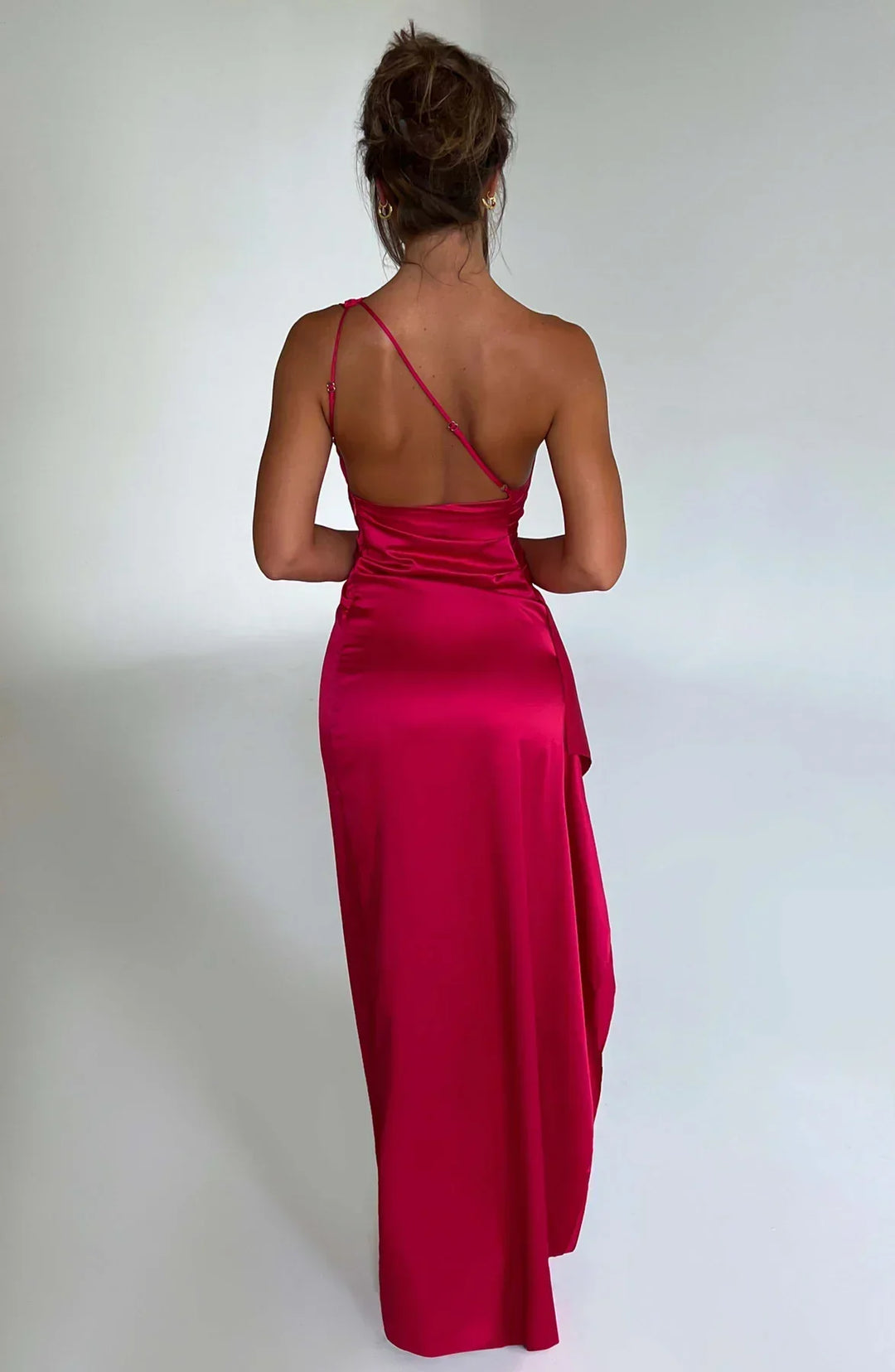Satin stripe evening dress with one shoulder strap - Vivienne