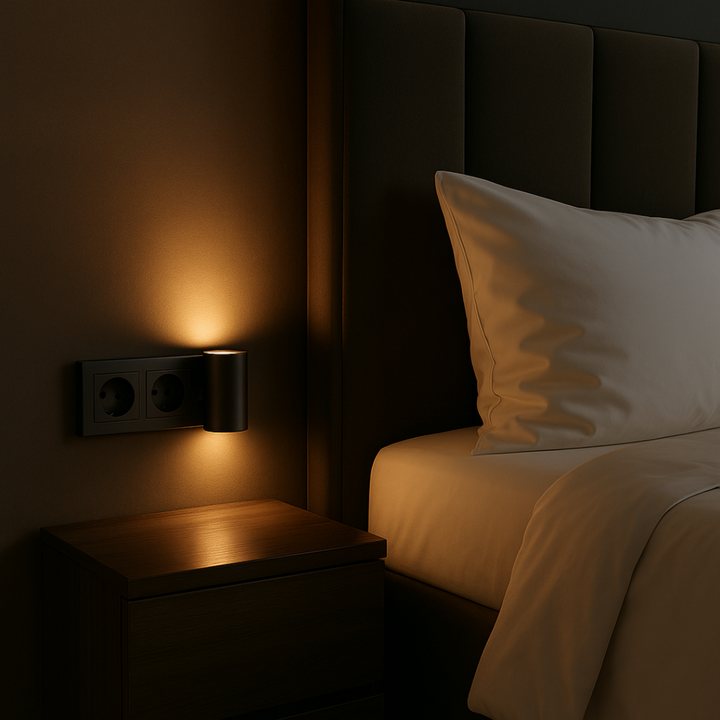 Schwarze Nachtlampe in einer Doppelsteckdose neben dem Bett leuchtet warm und beleuchtet den Nachttisch im abgedunkelten Schlafzimmer. 2