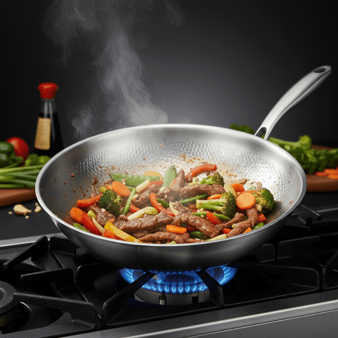 Wok mit gebratenem Rindfleisch und buntem Gemüse auf einem Gasherd mit blauer Flamme, Dampf steigt auf. 6