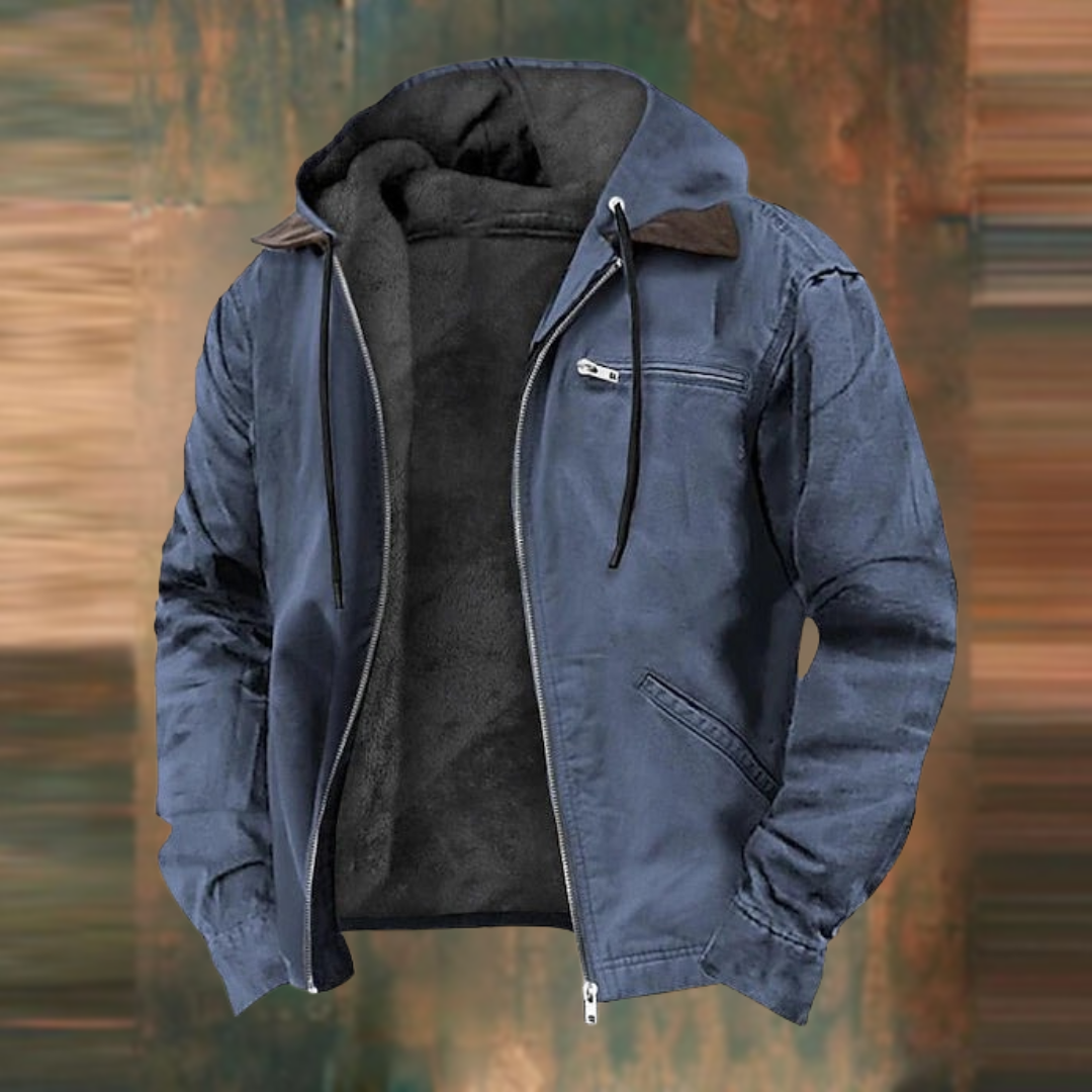 Dieselbe Jacke in gedecktem Blau, offen fotografiert, mit dunkelgrauem Fleecefutter und Reißverschluss-Brusttasche. 3