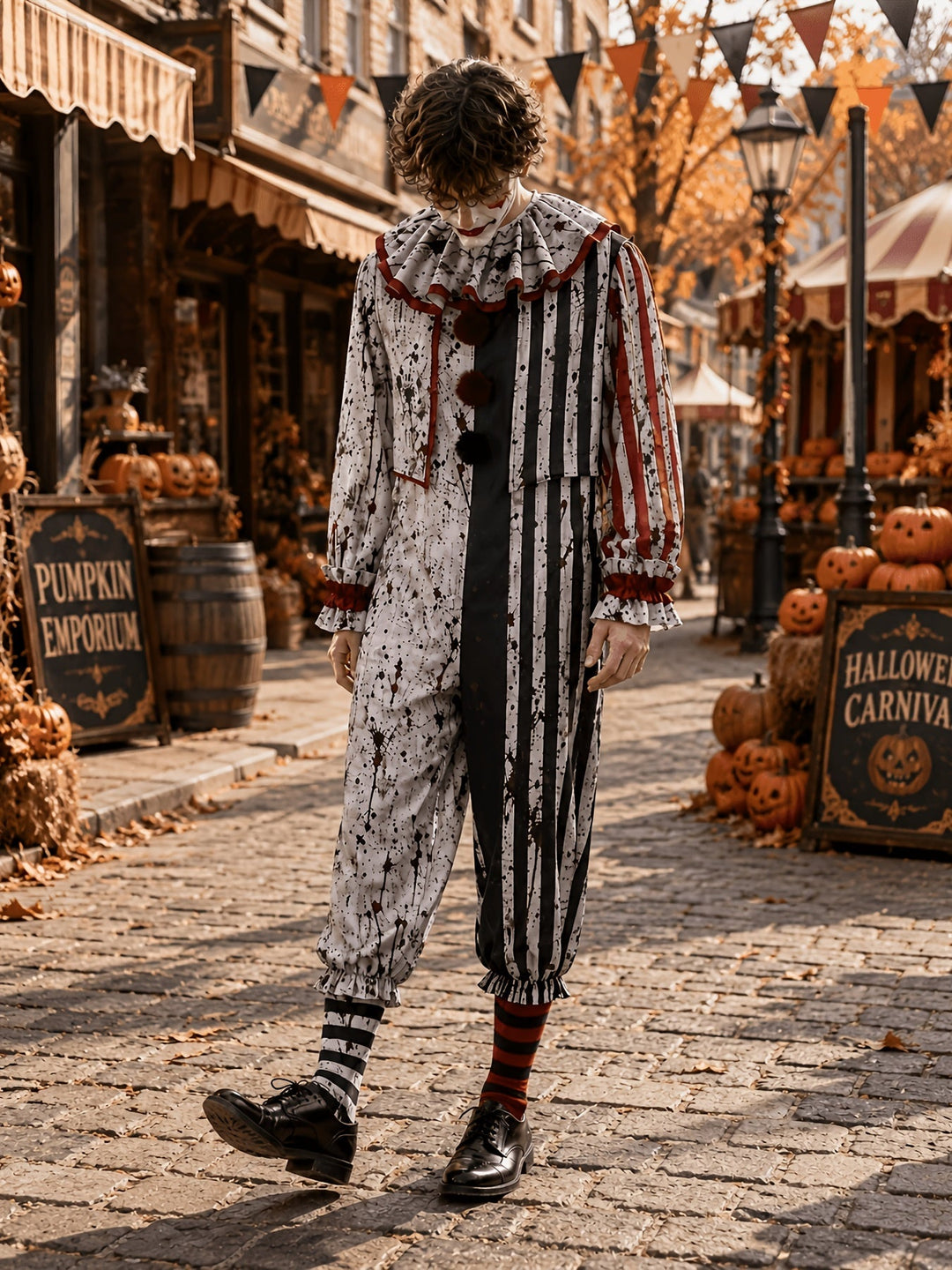 Das Model geht in dem Clown-Overall über eine Kopfsteinpflasterstraße, umgeben von Kürbissen und Wimpelgirlanden in Orange und Schwarz. 4