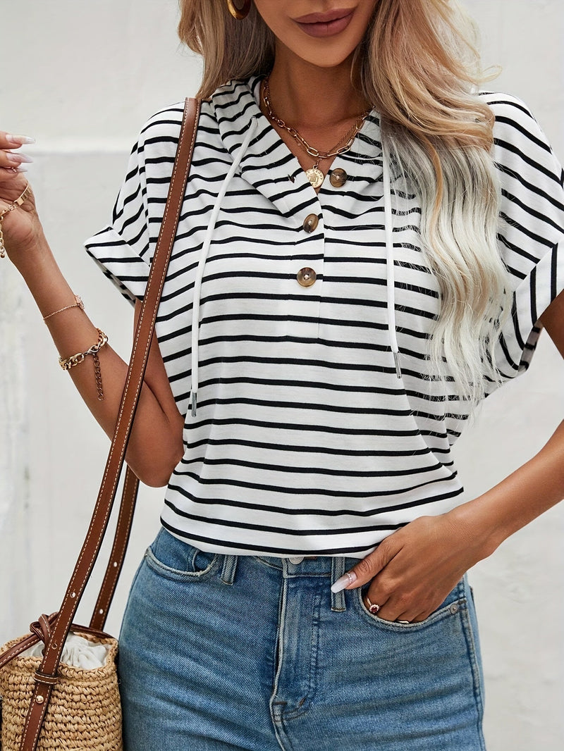 Striped women's hoodie with short sleeves and button closure – Romy