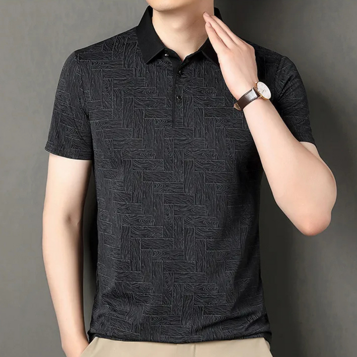 Schwarzes Herren-Poloshirt mit Muster, Kurzarm, Baumwolle, eleganter Freizeitlook.