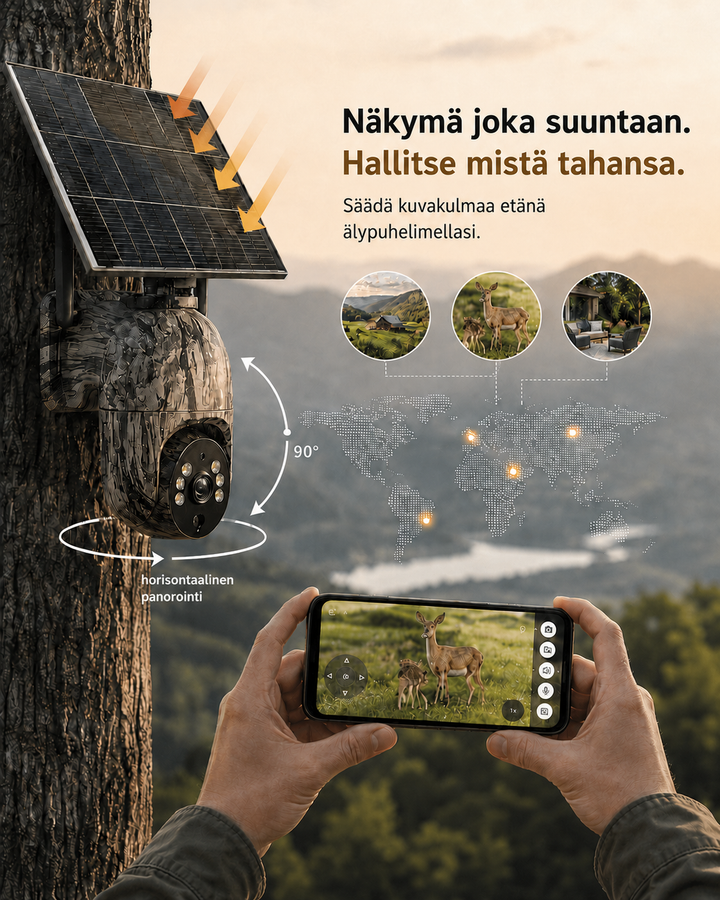 Kamera mit Solarpanel am Baum, schwenkbar mit Pfeilen, davor Hände mit Smartphone, das ein Reh im Live-Bild zeigt. 6