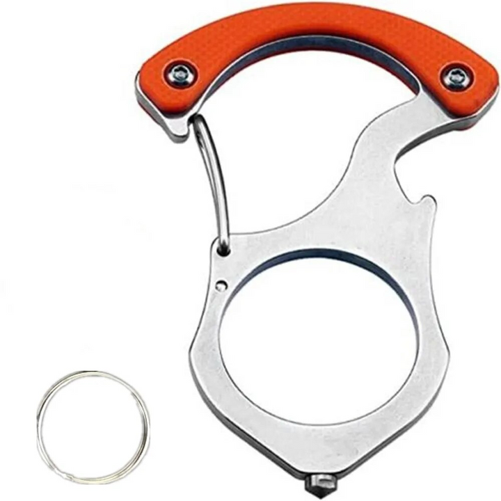 Karabiner mit orangem Griffteil und Flaschenöffner-Aussparung vor weißem Hintergrund, dazu ein separater Schlüsselring. 5