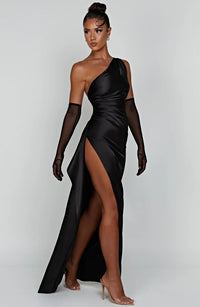 Satin stripe evening dress with one shoulder strap - Vivienne