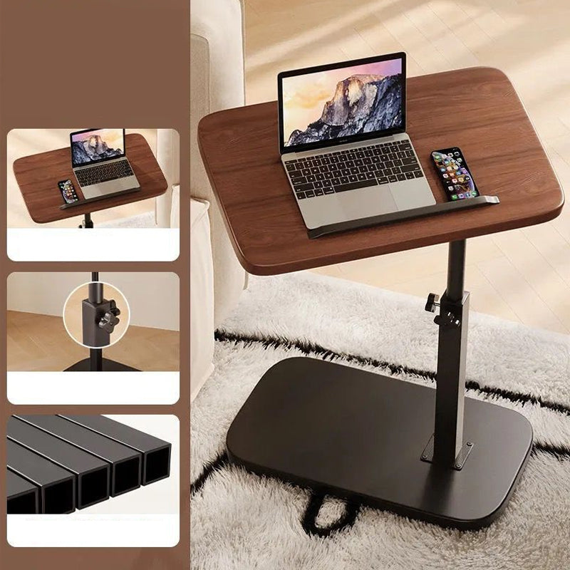 Dunkles Holzdekor-Modell mit Laptop, dazu Detailausschnitte der Höhenverstellschraube und der schwarzen Vierkantprofile der Tischkonstruktion. 3