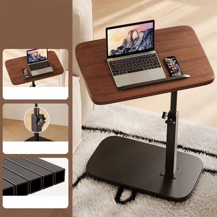 Dunkles Holzdekor-Modell mit Laptop, dazu Detailausschnitte der Höhenverstellschraube und der schwarzen Vierkantprofile der Tischkonstruktion. 3