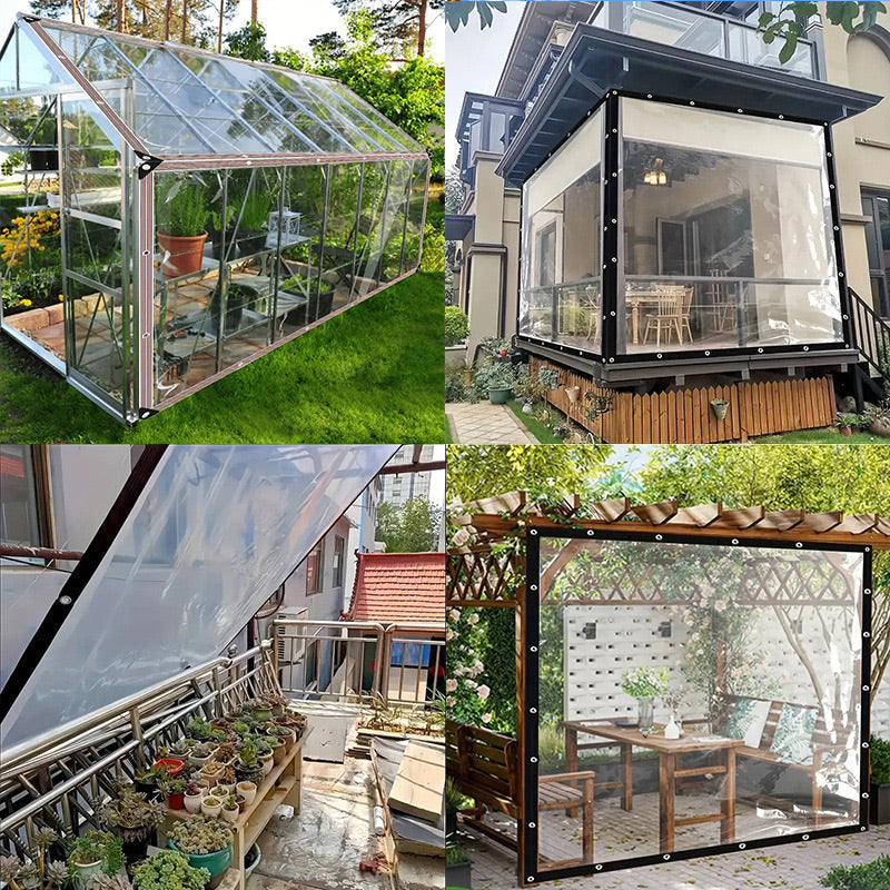 Vier Anwendungsbeispiele der klaren Plane: an einem Gewächshaus, am Hausvorbau, über Balkonpflanzen und an einer Pergola mit Sitzgruppe. 8