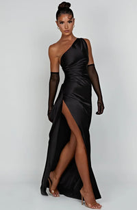 Satin stripe evening dress with one shoulder strap - Vivienne