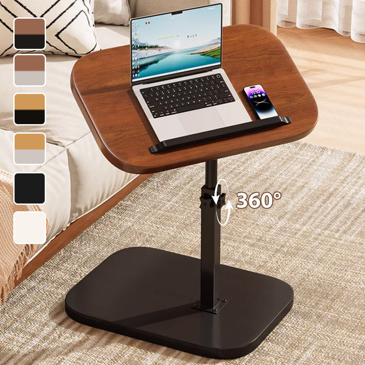 Laptop-Tisch mit dunkler Holzplatte und schwarzem Standfuß neben einem Sofa, daneben Farbmuster zur Auswahl und ein Pfeil für die 360°-Drehung. 1