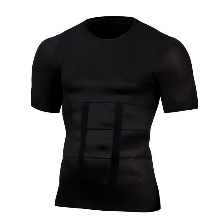 Schwarzes kurzärmeliges Kompressionsshirt mit Rundhalsausschnitt in der Frontansicht, mit sichtbaren Formungsbändern an Brust und Bauch. 1