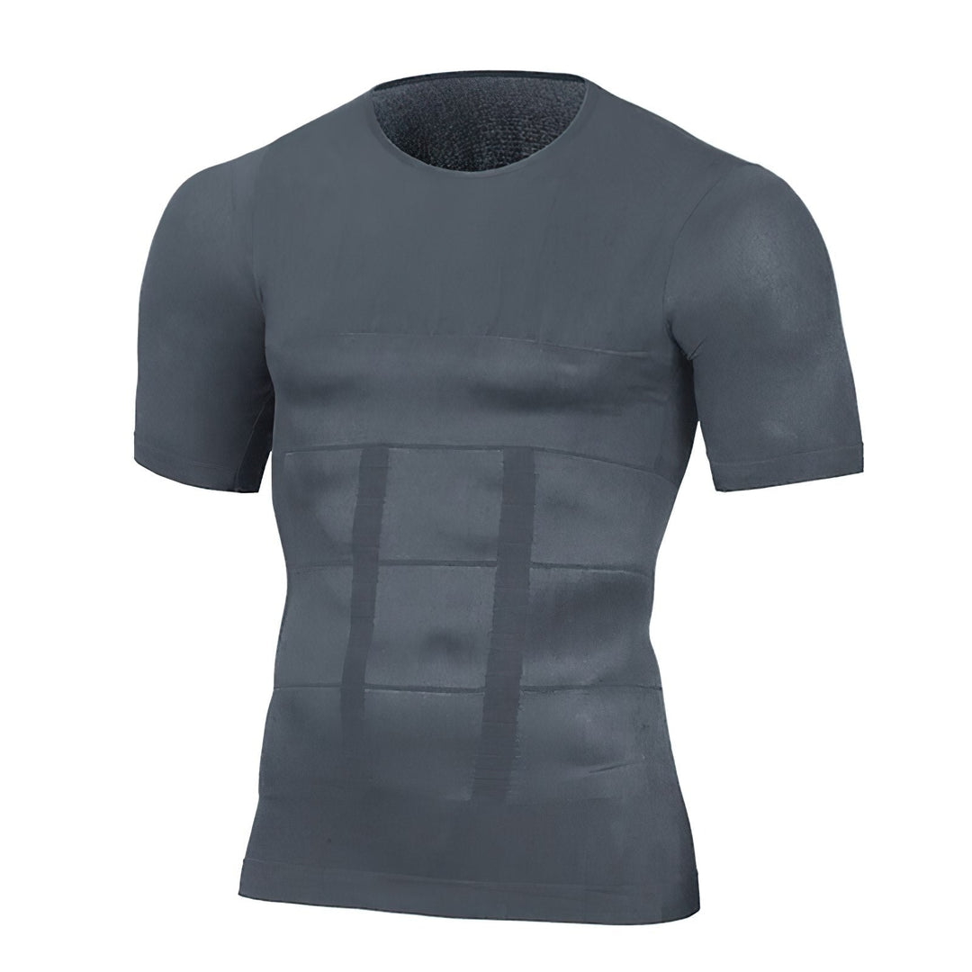 Graues Kompressionsshirt mit kurzen Ärmeln in der Vorderansicht, mit Formungsbändern am Bauch und feiner Struktur am Ausschnitt. 4