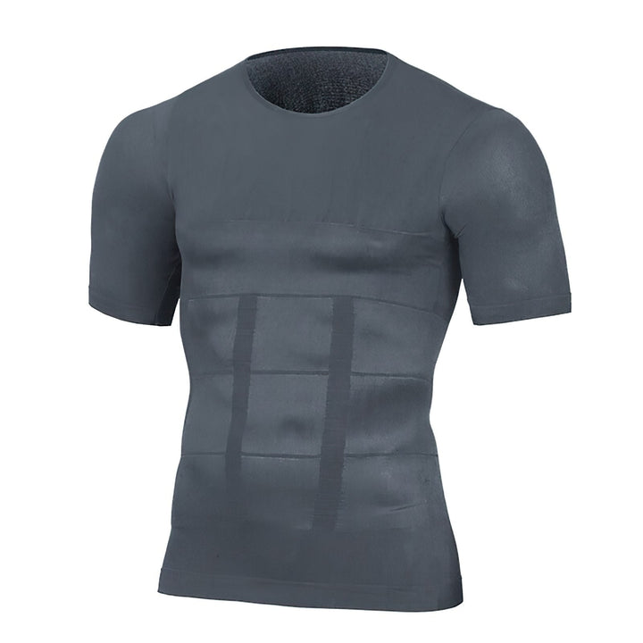 Graues Kompressionsshirt mit kurzen Ärmeln in der Vorderansicht, mit Formungsbändern am Bauch und feiner Struktur am Ausschnitt. 4