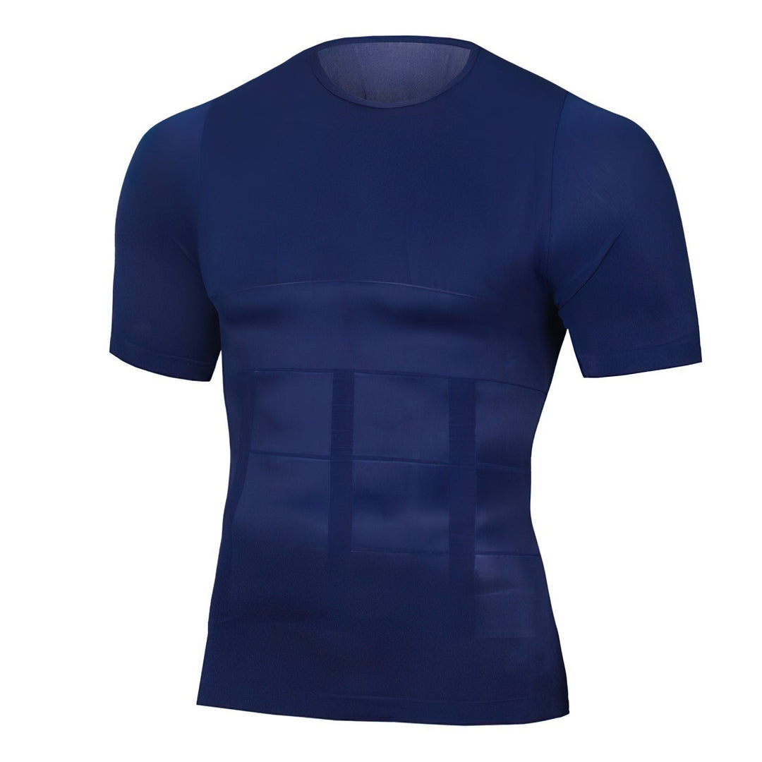 Marineblaues Kompressionsshirt mit Rundhals in der Vorderansicht, mit Formungspaneelen im Bauchbereich. 3