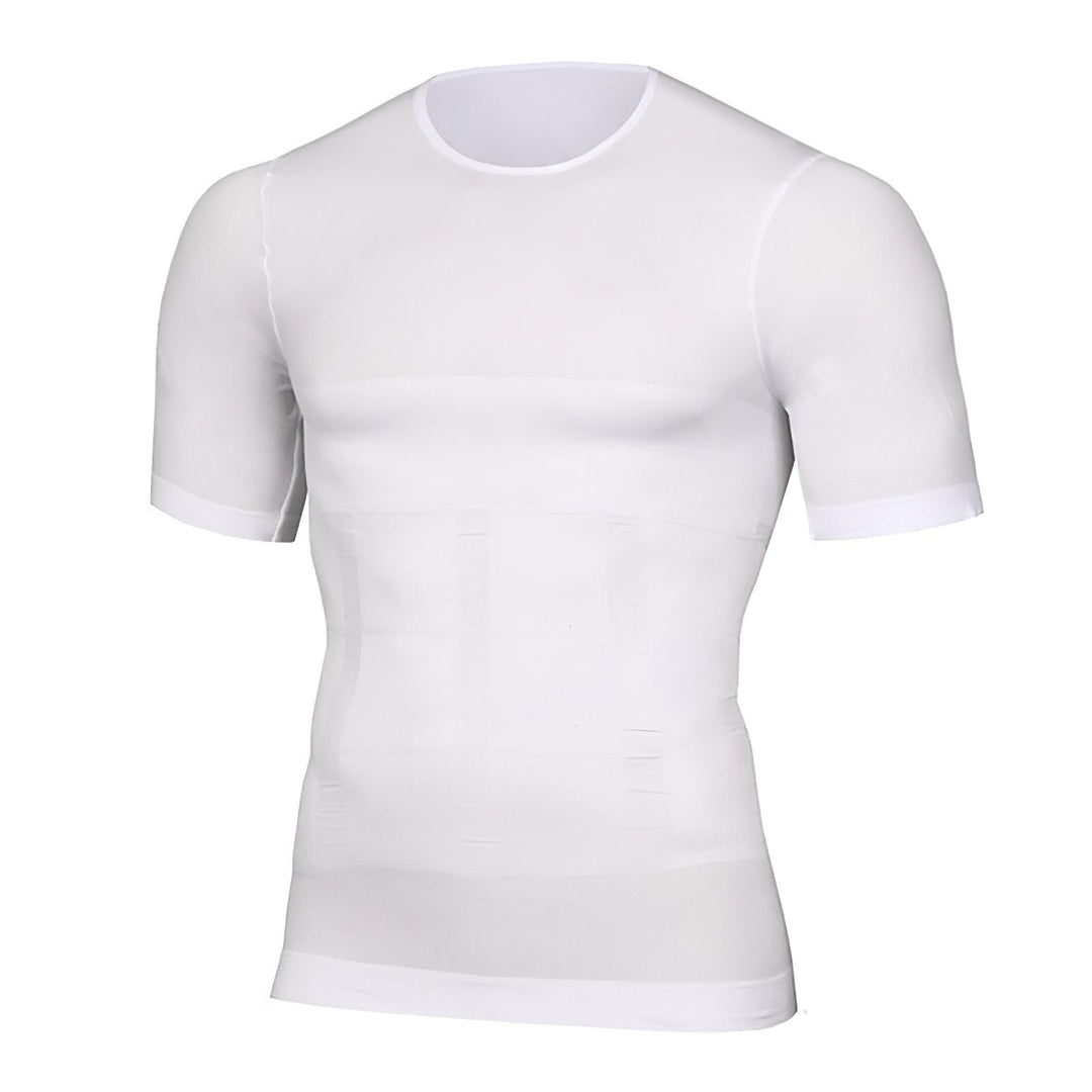 Weißes Kompressionsshirt mit kurzen Ärmeln und Rundhals in der Vorderansicht, mit feinen Nähten und Formzonen am Oberkörper. 2