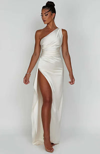 Satin stripe evening dress with one shoulder strap - Vivienne