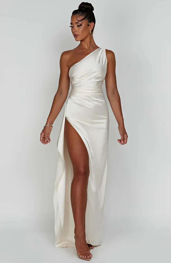Satin stripe evening dress with one shoulder strap - Vivienne