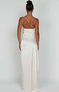 Satin stripe evening dress with one shoulder strap - Vivienne