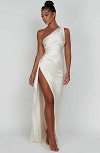 Satin stripe evening dress with one shoulder strap - Vivienne