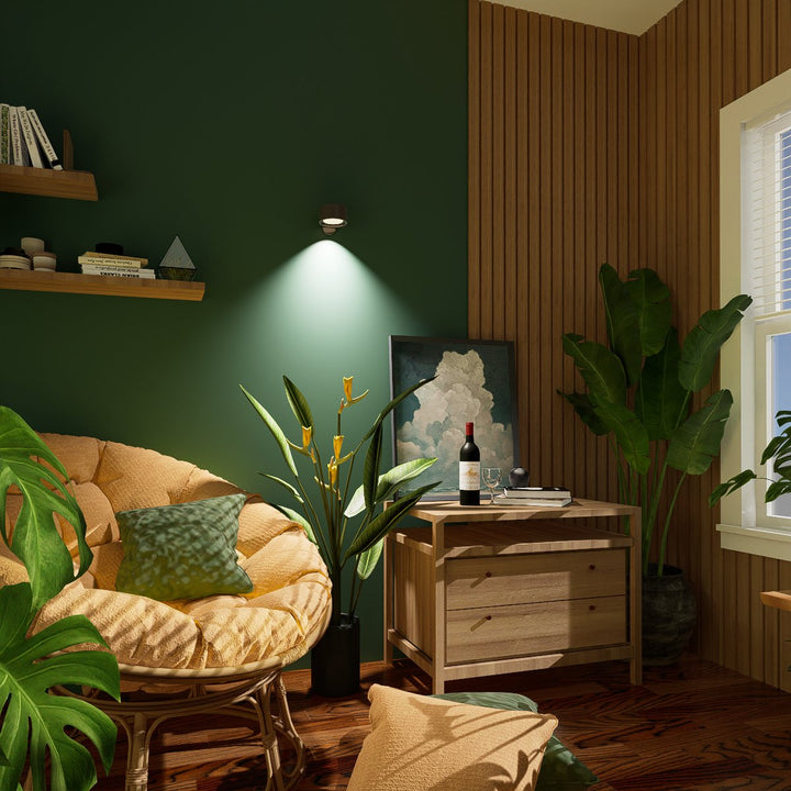 Wandlampe an einer dunkelgrünen Wand beleuchtet eine gemütliche Leseecke mit Rattansessel, Pflanzen und Beistelltisch. 9