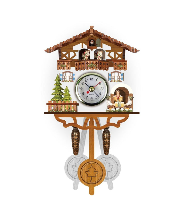 Kleine Wanduhr im Kuckucksuhr-Stil mit Quarzwerk, tanzenden Figuren auf dem Balkon, Tannen und einer Wirtin mit Bierkrügen, dazu Pendel. 2