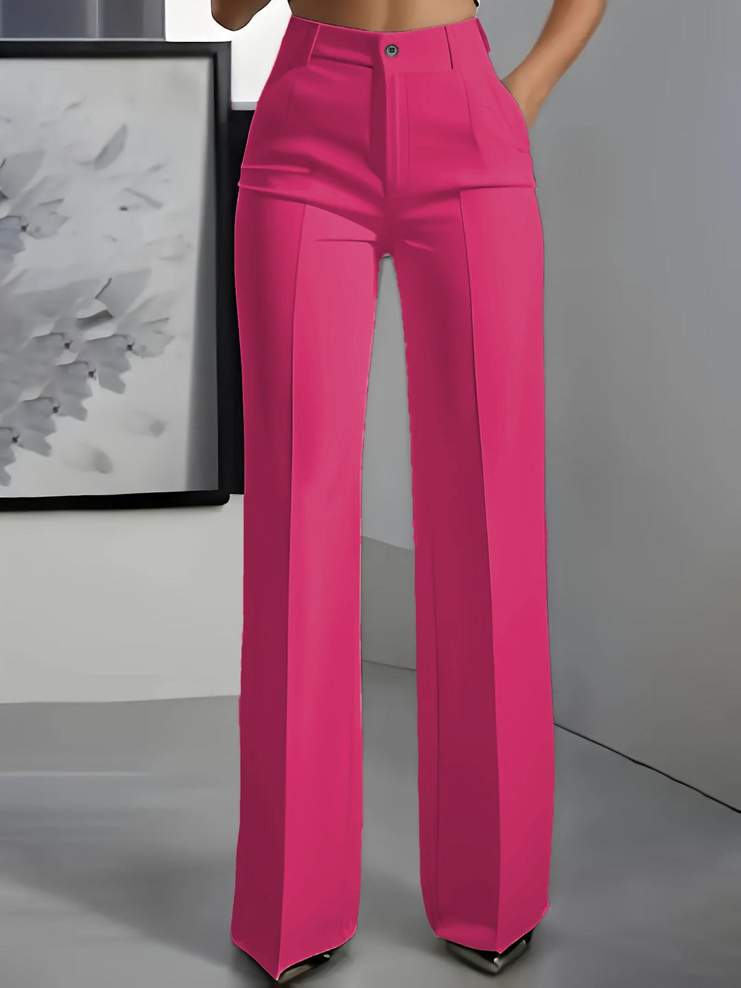Pinkfarbene Hose mit hohem Bund und weitem Schnitt, Vorderansicht am Model 4