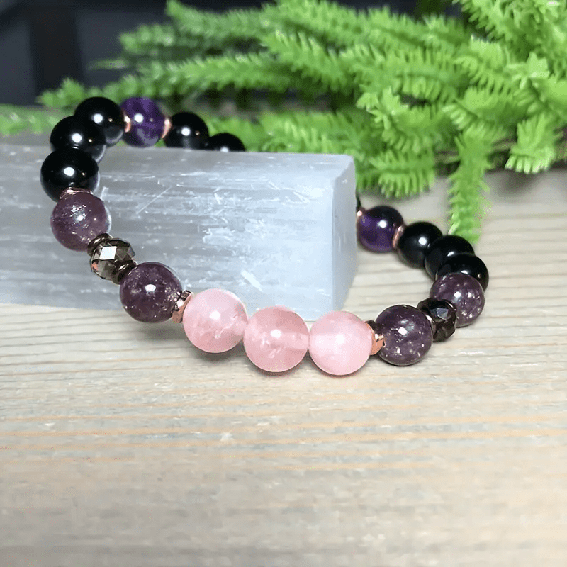 Pulsera de cuentas de 8 mm de cuarzo rosa, obsidiana y amatista - Aurora
