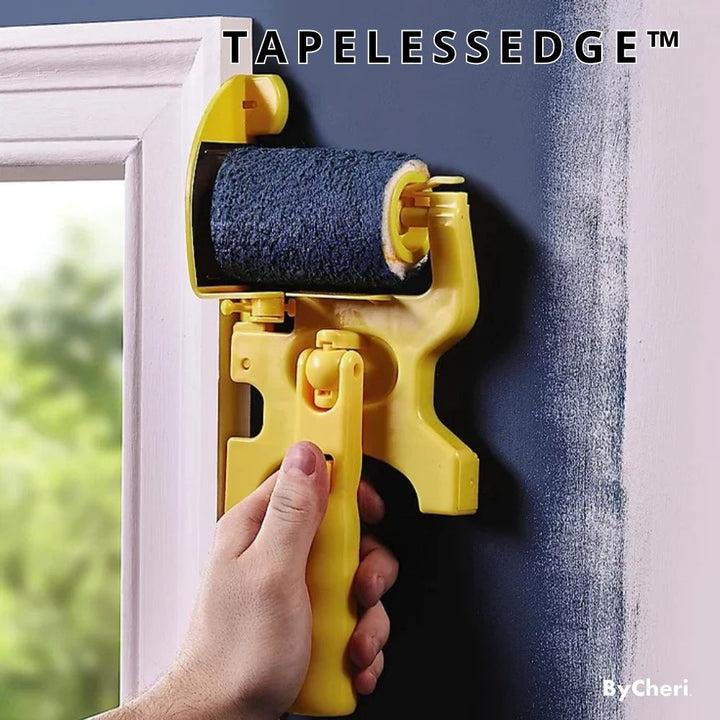 Hand führt das gelbe Kantenwerkzeug mit blau getränkter Rolle an einem weißen Fensterrahmen entlang einer dunkelblauen Wand. 1