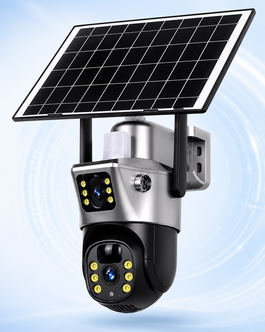 Schwarz-graue Doppelobjektiv-Kamera mit großem Solarpanel, zwei Antennen und mehreren LED-Leuchten vor hellblauem Hintergrund. 11