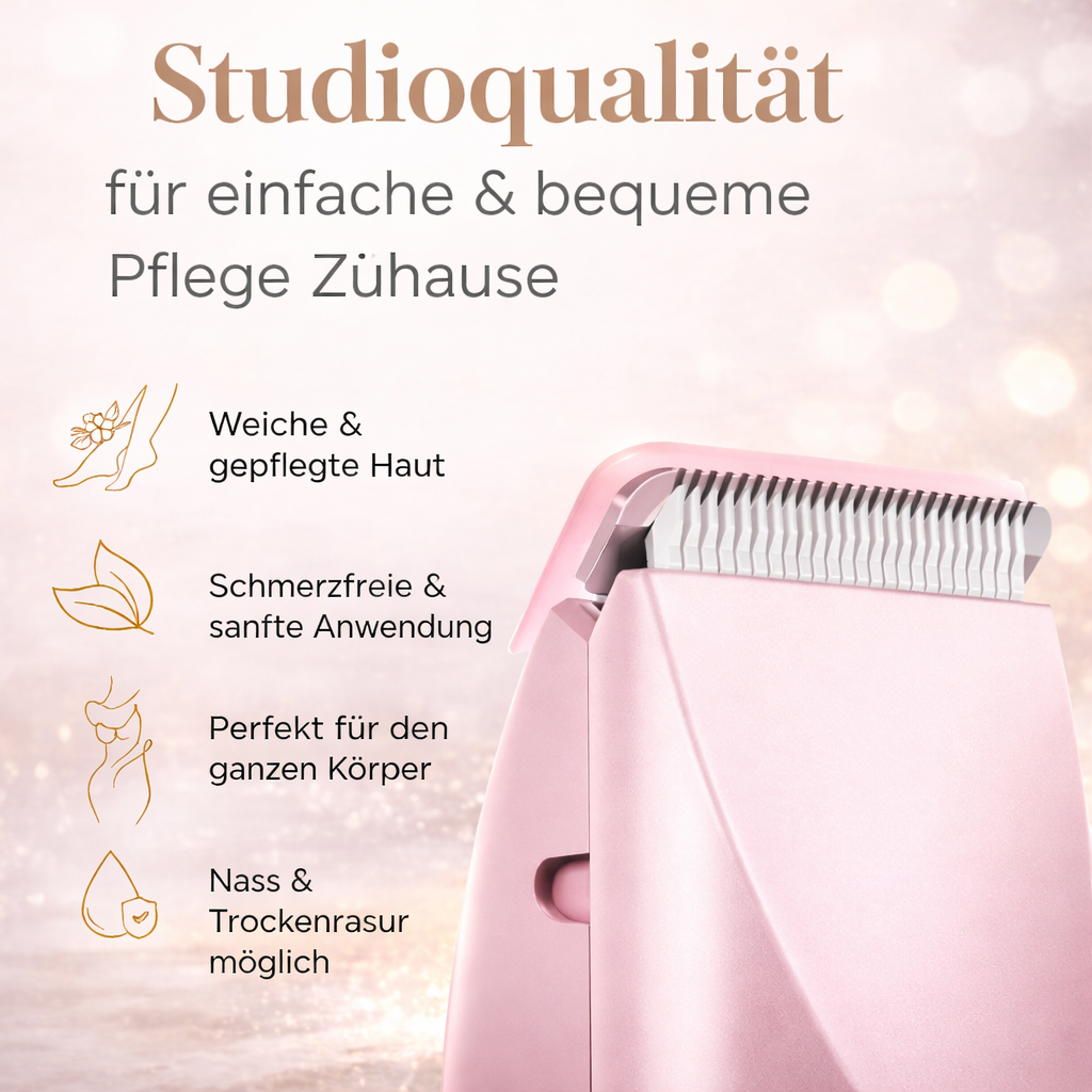 Nahaufnahme des Trimmerkopfs mit Klingenzähnen in Rosa, daneben vier Symbole mit Vorteilen für die Pflege zu Hause. 7