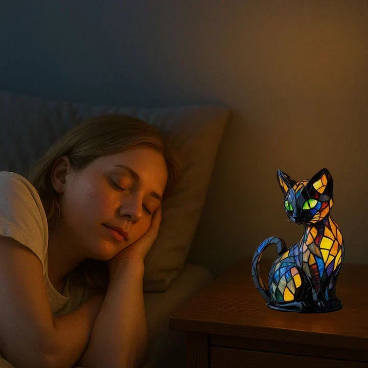 Katzenlampe auf dem Nachttisch neben einer schlafenden Frau als sanftes, stimmungsvolles Nachtlicht 5