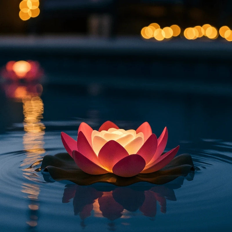 Nahaufnahme einer warm leuchtenden Lotusblüte mit roten Blütenblättern auf dunklem Wasser, im Hintergrund unscharfe Lichter 9