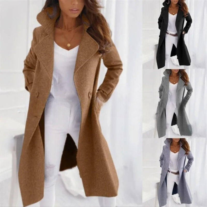 Stylish Long Women's Coat with Notched Collar - Valentina
