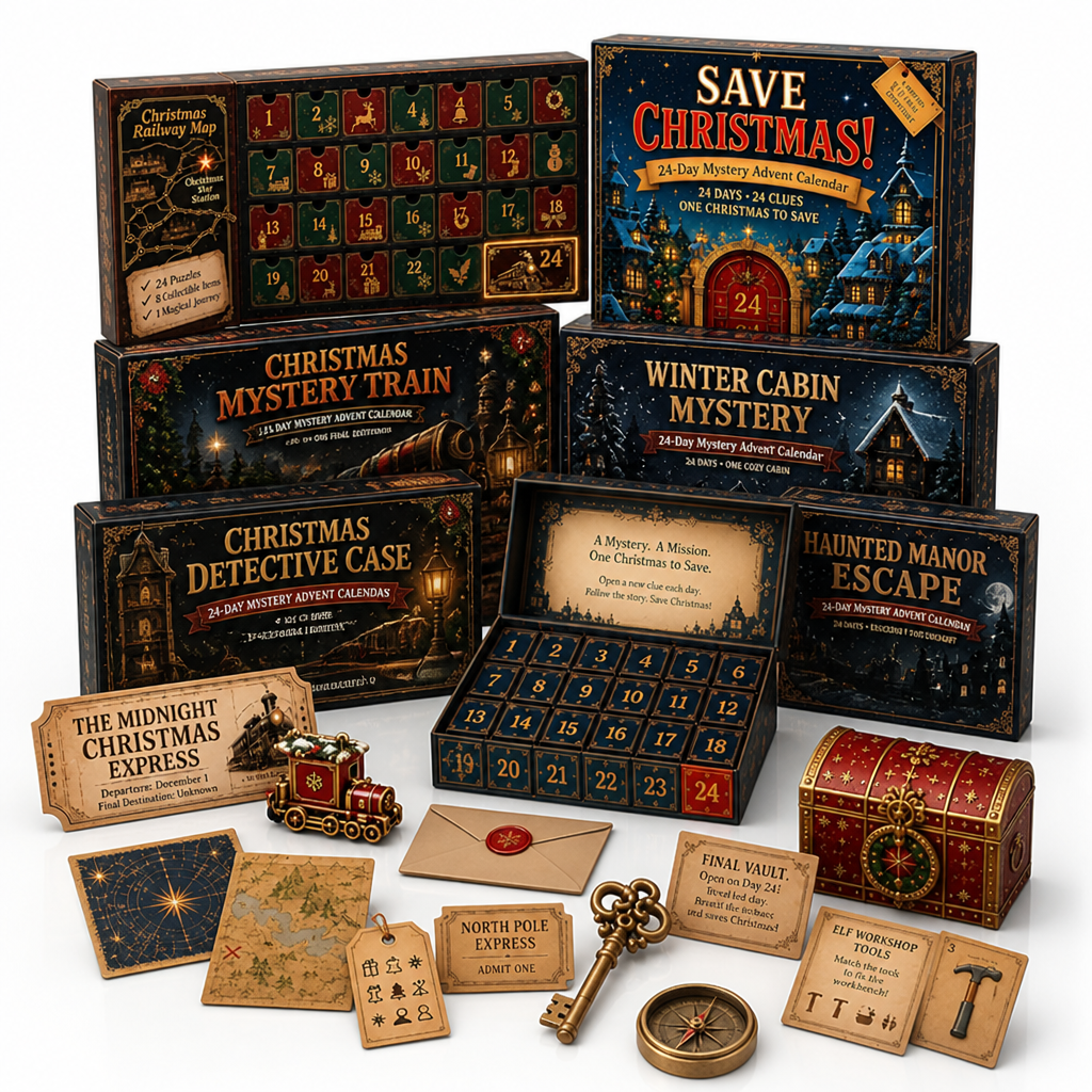 Alle sechs Themen-Schachteln zusammen mit Inhalt: Schlüssel, Kompass, Schatztruhe, Spielzeugzug, Zugticket, Briefumschlag und verschiedene Rätselkarten. 4
