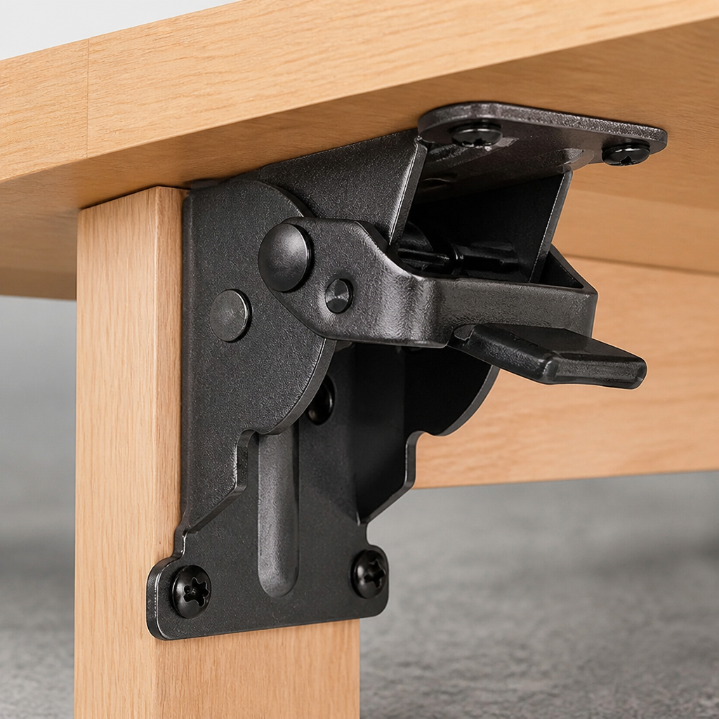 Schwarze Klapphalterung mit Löse-Hebel, angebracht an einem hellen Holztischbein unter der Tischplatte, schräg von der Seite gesehen. 4