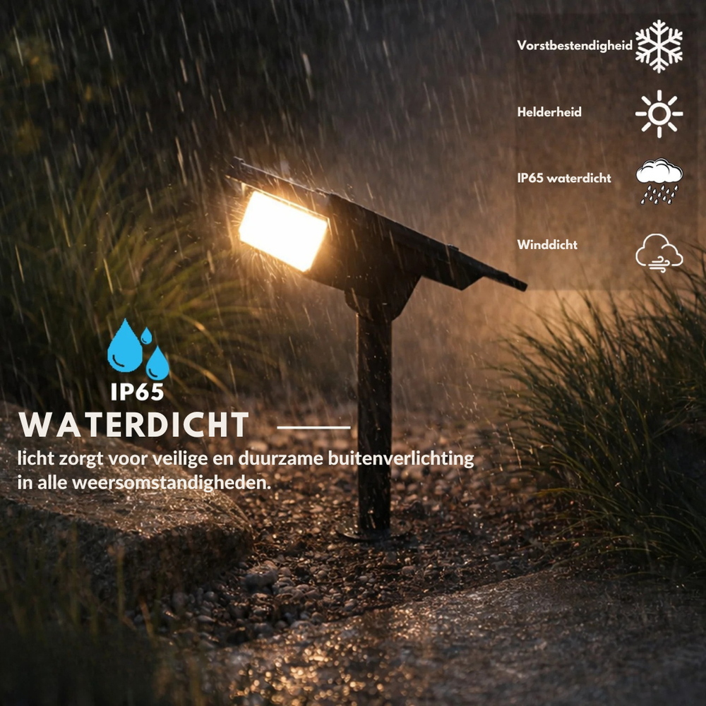 Der Strahler leuchtet warm im starken Regen, daneben Piktogramme zu Frost-, Wind- und Wasserbeständigkeit und eine Hervorhebung der Wasserdichtigkeit. 2
