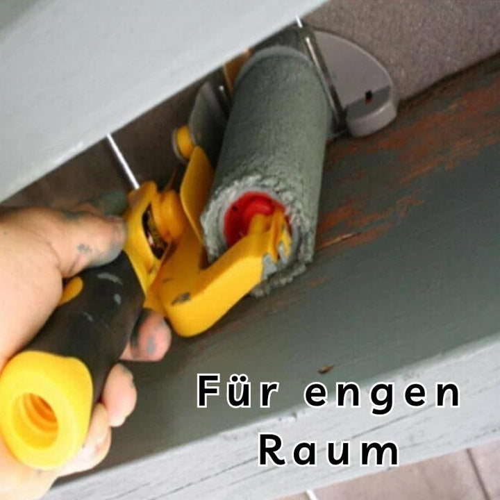 Das Werkzeug mit grauer Rolle streicht an der Unterseite eines Holzbalkens, ein Beispiel für enge, schwer erreichbare Stellen. 4