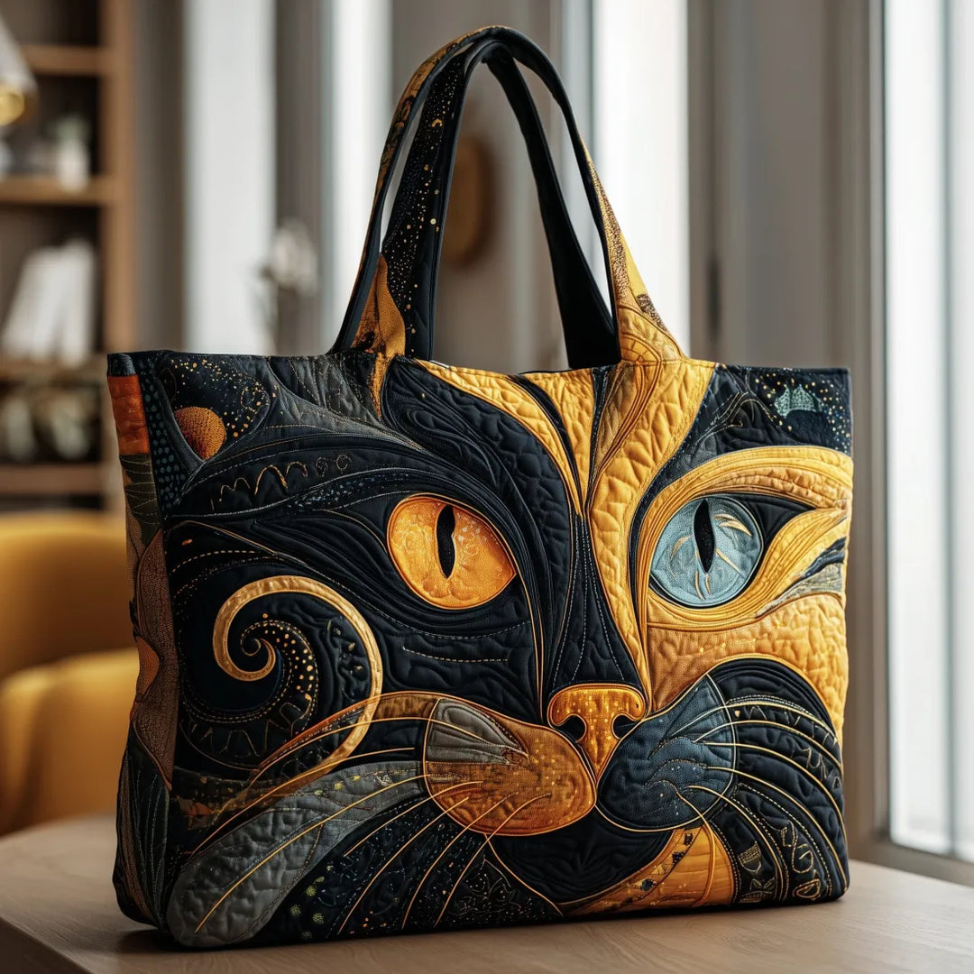 Gesteppte Tasche mit schwarz-goldenem Katzengesicht, auf einem Holztisch vor einem Fenster in heller Wohnumgebung 1