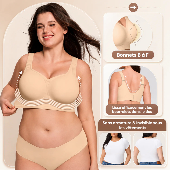Beigefarbener BH am Model mit Infografik zu Körbchengrößen, glattem Rücken und unsichtbarem Sitz unter weißem Shirt 2