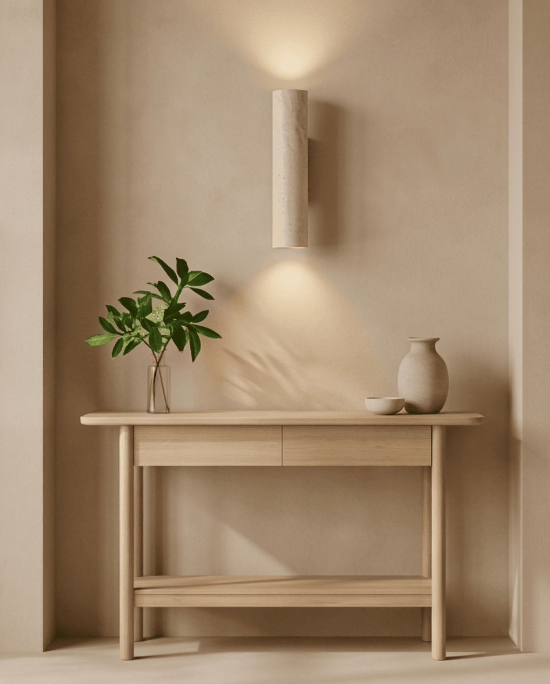 Eingeschaltete Wandlampe über einem Holzkonsolentisch mit Pflanze im Glas und Keramikvase 3