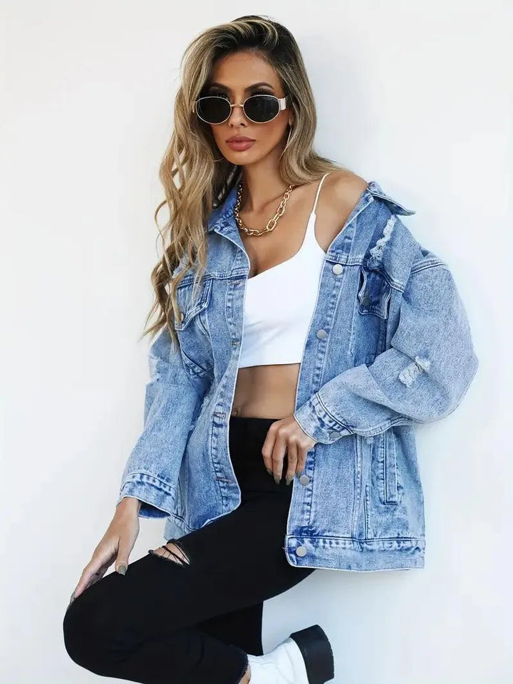 Wasserfeste & Gefütterte Oversized Damen Jeansjacke mit Kapuze – Talia