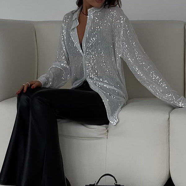 Blusa suelta con lentejuelas brillantes – Celeste