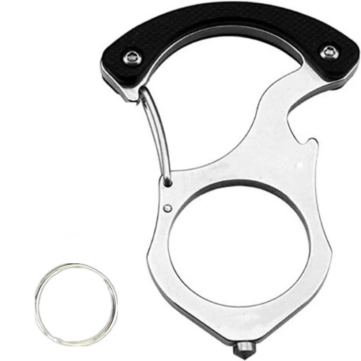 Karabiner mit schwarzem Griffteil und Flaschenöffner-Aussparung vor weißem Hintergrund, dazu ein separater Schlüsselring. 6
